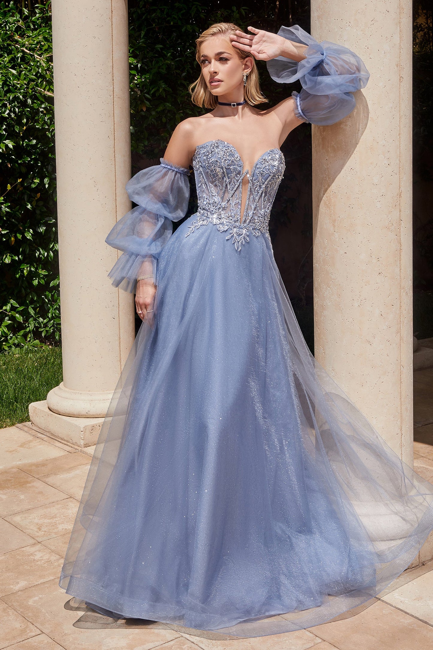 Puff Sleeve Beaded Tulle Gown CD830