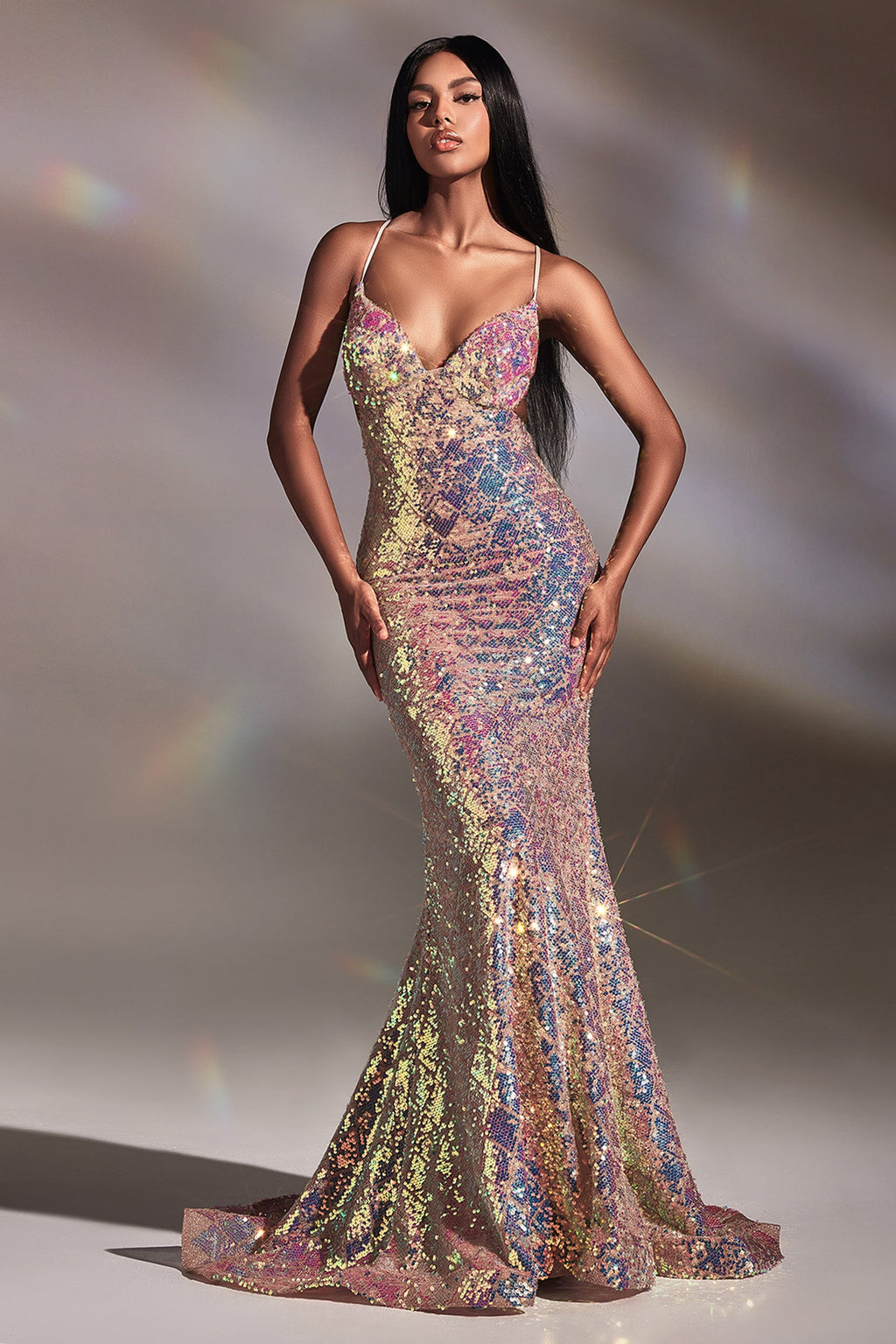 Long Fitted Iridescent Sequin Dress CD880 - S / Opal Blush Long Fitted Iridescent Sequin Dress CD880 - S / Opal Blush