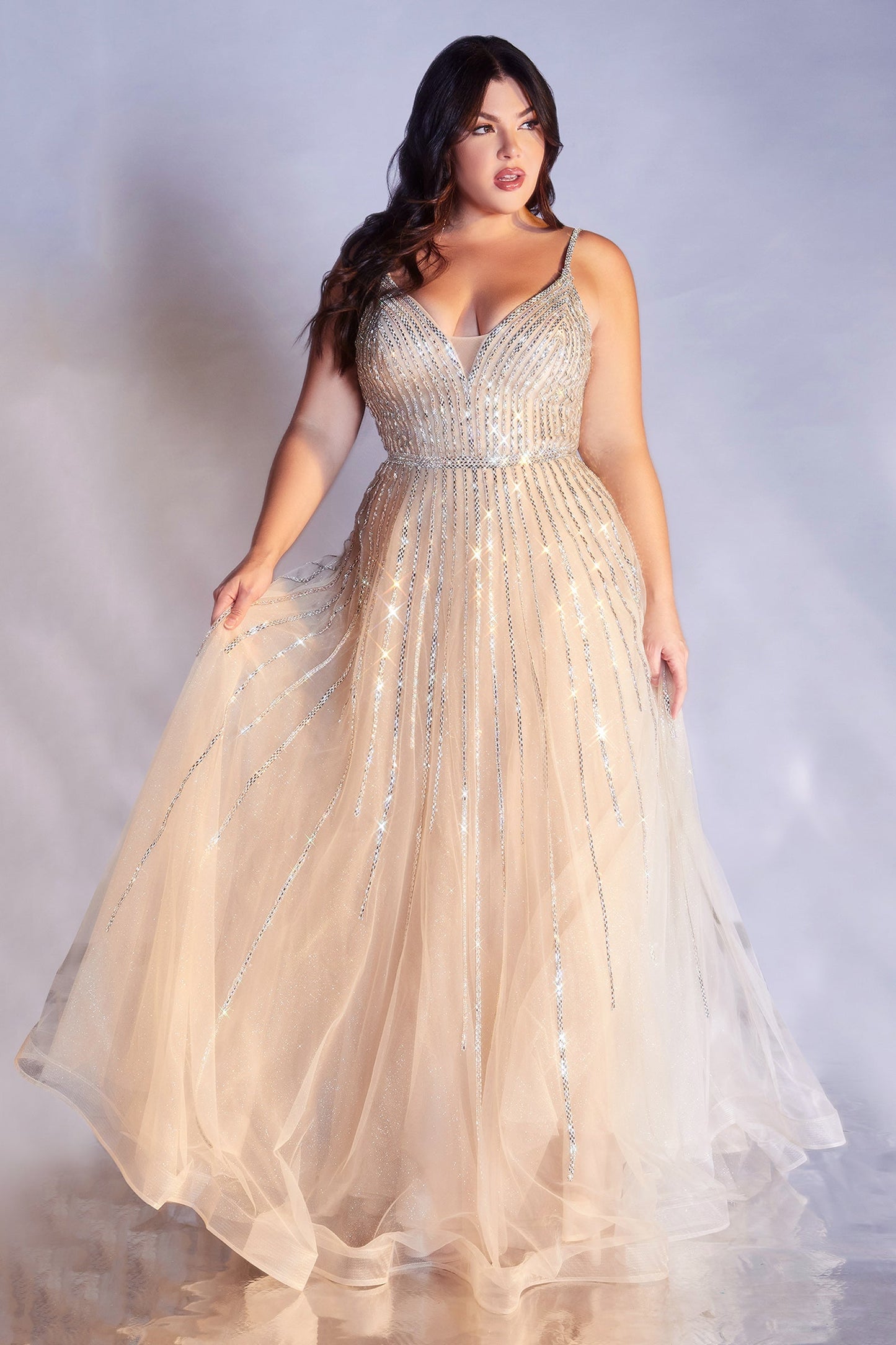 Glittered Tulle Deep V-Back A-Line Ball Gown CD940