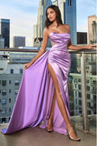 Floor Length Fitted Satin Assymetrical Gown CDS411