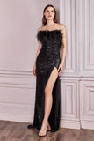 Feathered Bodice Long Sequin Gown CH147