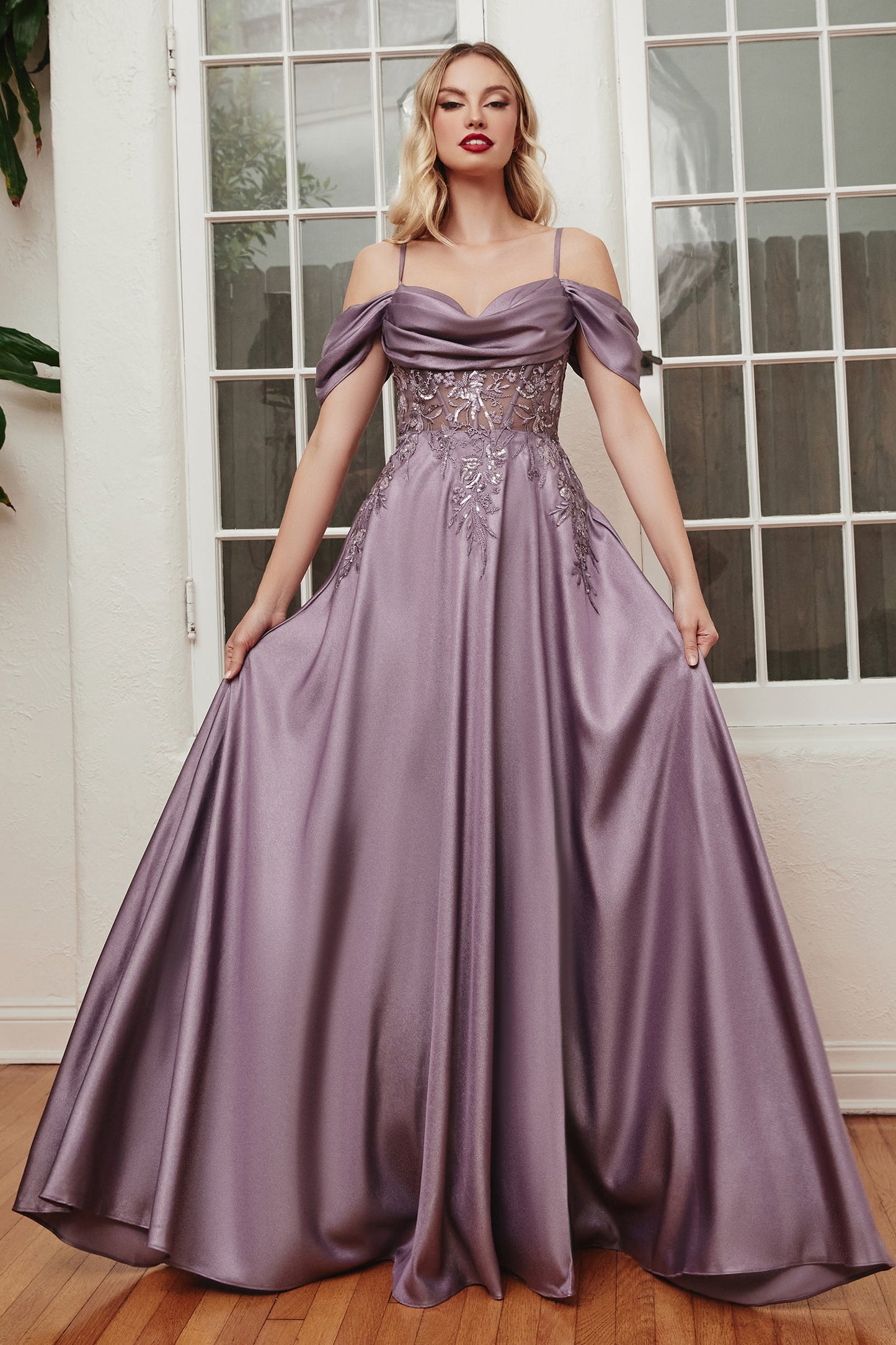 Embroidered Off Shoulder Satin A-Line Gown OC012