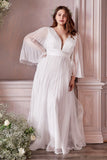 White Bell Sleeve Pleated A-Line Gown CD242W
