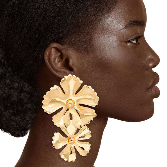 Shiny Gold Double Flower Earrings