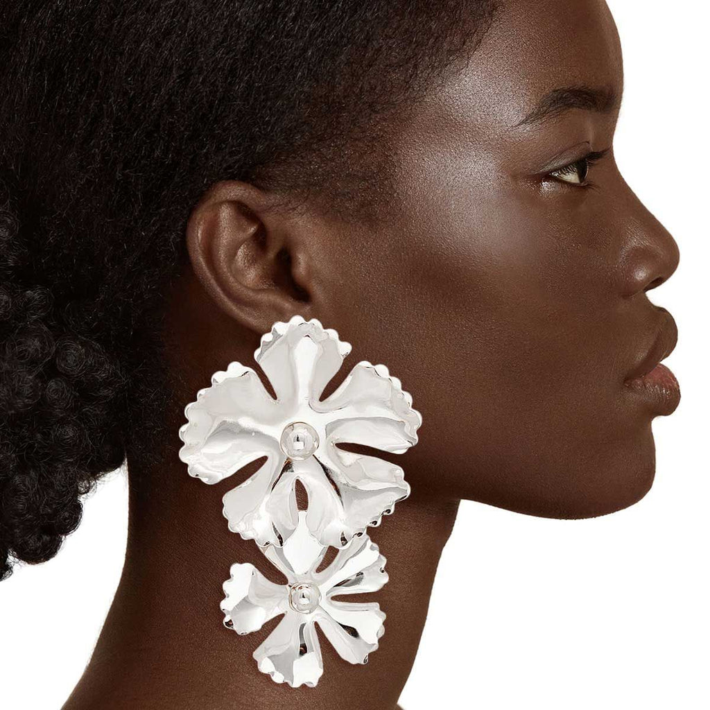 Shiny Silver Double Flower Earrings