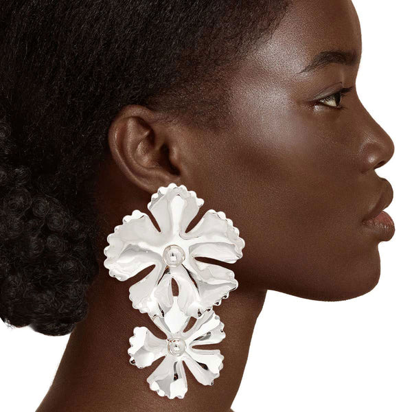 Shiny Silver Double Flower Earrings